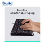 Logitech MK120 combo features a spill-resistant keyboard with 10-key number pad, optical mouse with 3 buttons, wired USB connection, and sustainability with recycled materials, compatible with Windows 10 and 11, 2YEAR.
