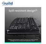 Logitech MK120 combo features a spill-resistant keyboard with 10-key number pad, optical mouse with 3 buttons, wired USB connection, and sustainability with recycled materials, compatible with Windows 10 and 11, 2YEAR.