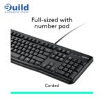 Logitech MK120 combo features a spill-resistant keyboard with 10-key number pad, optical mouse with 3 buttons, wired USB connection, and sustainability with recycled materials, compatible with Windows 10 and 11, 2YEAR.