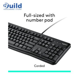 Logitech MK120 combo features a spill-resistant keyboard with 10-key number pad, optical mouse with 3 buttons, wired USB connection, and sustainability with recycled materials, compatible with Windows 10 and 11, 2YEAR.