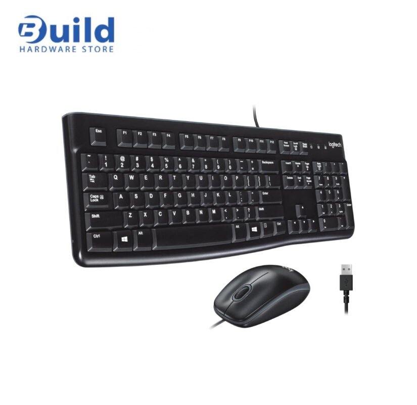 Logitech MK120 combo features a spill-resistant keyboard with 10-key number pad, optical mouse with 3 buttons, wired USB connection, and sustainability with recycled materials, compatible with Windows 10 and 11, 2YEAR